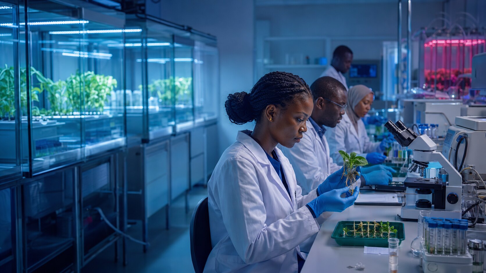 Chercheurs analysant des plants en laboratoire de botanique spatiale